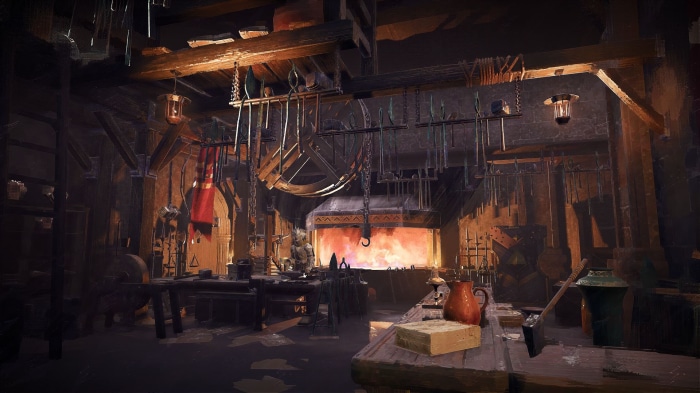 Blacksmith forge with weapons and tools