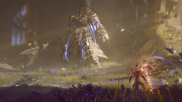 A warrior faces a giant armored figure in a misty forest