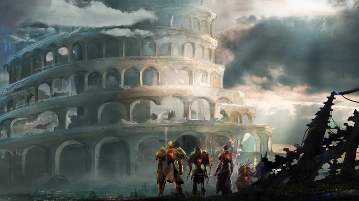 Babylon's Fall characters in front of a ruined tower