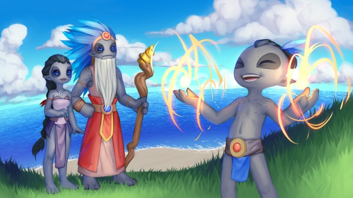Three aliens on a beach with a young hero using magic