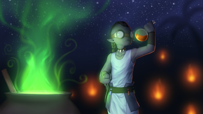 Elf alchemist brewing potion at night