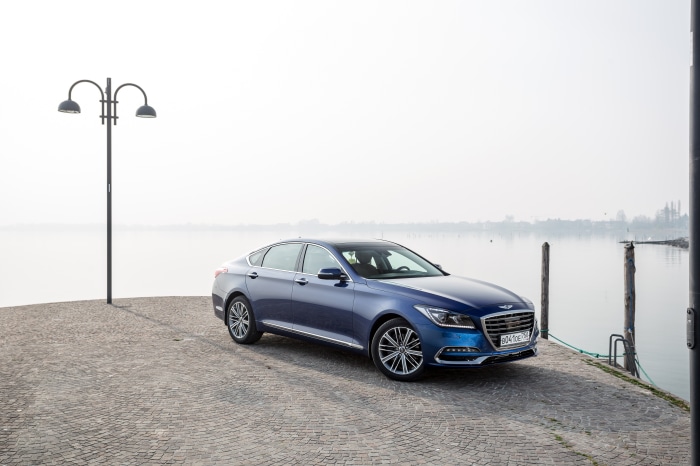 Blue Genesis G80 Sedan on a Dock