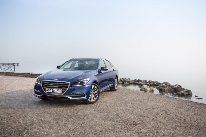 Blue Genesis G80 Sedan by the Water