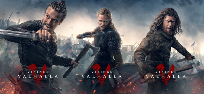 Sam Corlett, Leo Suter, and Frida Gustavsson in Vikings: Valhalla
