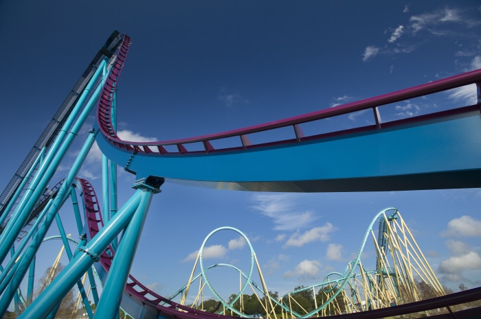 Roller coaster tracks against a blue sky