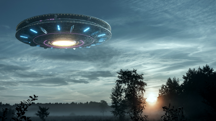 UFO spaceship hovering over a misty forest at sunrise