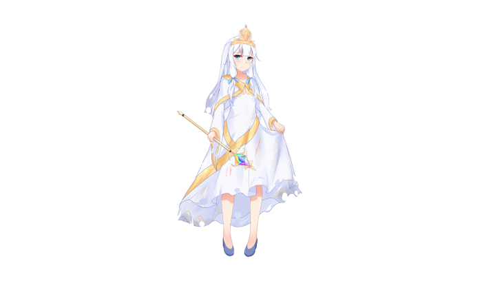 Girl with white dress and crown holding a staff
