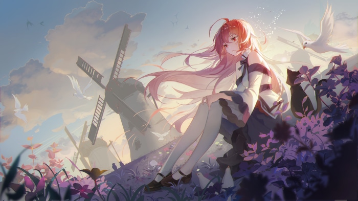 Girl with pink hair and windmills