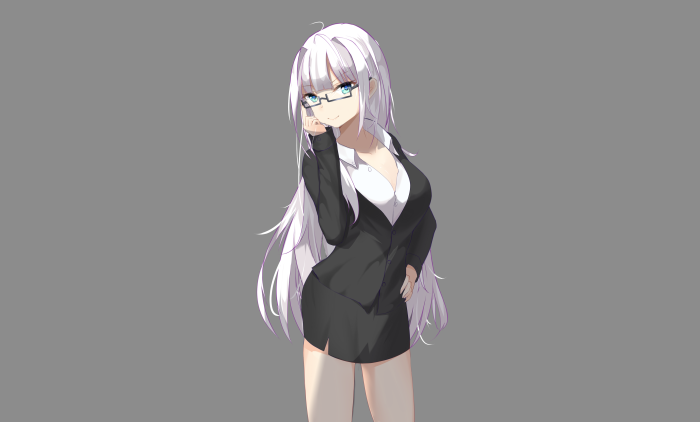 Anime girl with white hair and glasses in a suit
