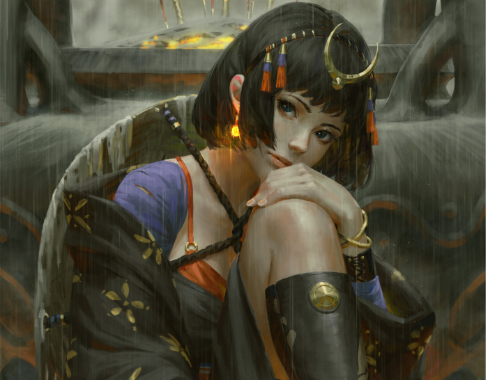 Fantasy woman warrior in kimono in the rain