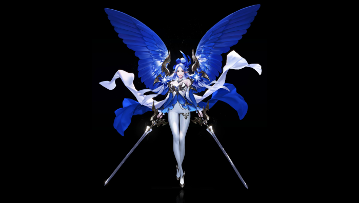 Fantasy Angel with Blue Wings and Swords