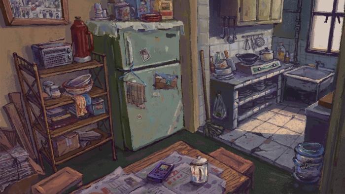A cluttered kitchen with a refrigerator and shelves