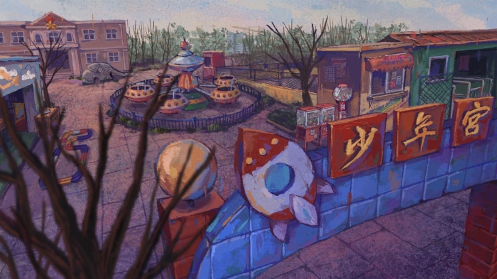 Abandoned amusement park with Chinese characters