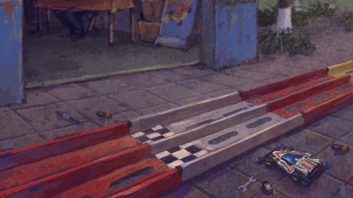 Toy car race track with a miniature car