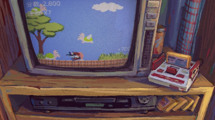 Retro TV displaying a video game with turtles