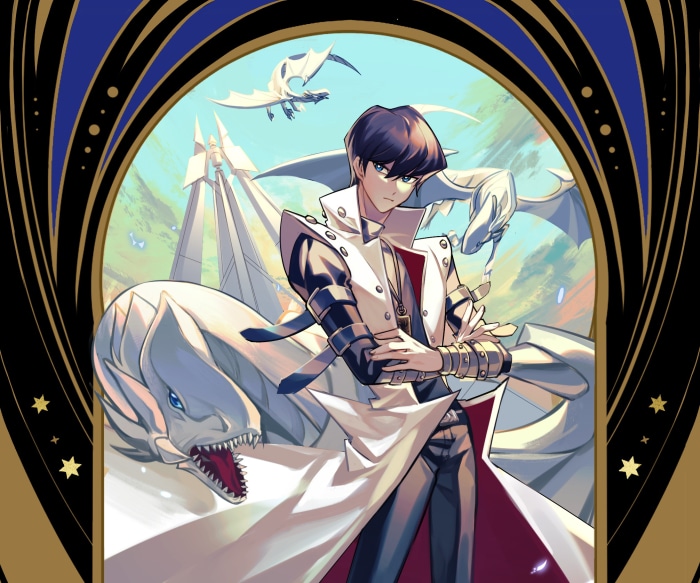 Seto Kaiba with Blue-Eyes White Dragons from Yu-Gi-Oh!
