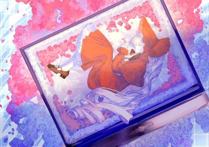 Shinku from Rozen Maiden in a coffin with roses
