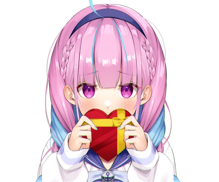Minato Aqua from Hololive holding a heart-shaped gift