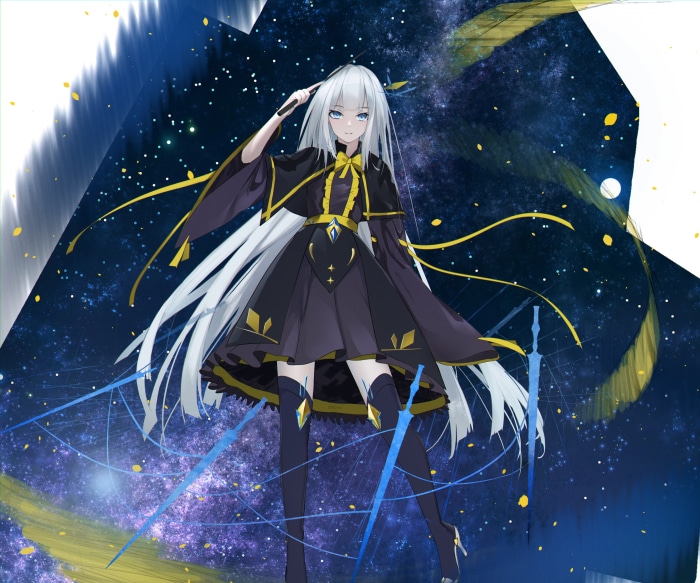 Girl with long white hair in a dark dress
