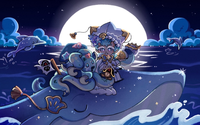 Peppermint Cookie from Cookie Run: OvenBreak on a whale