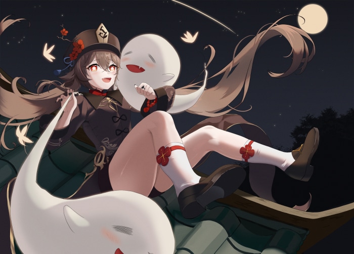Hu Tao from Genshin Impact with ghosts at night