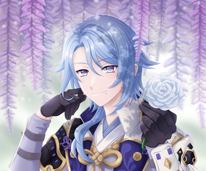 Kamisato Ayato from Genshin Impact holding a white rose