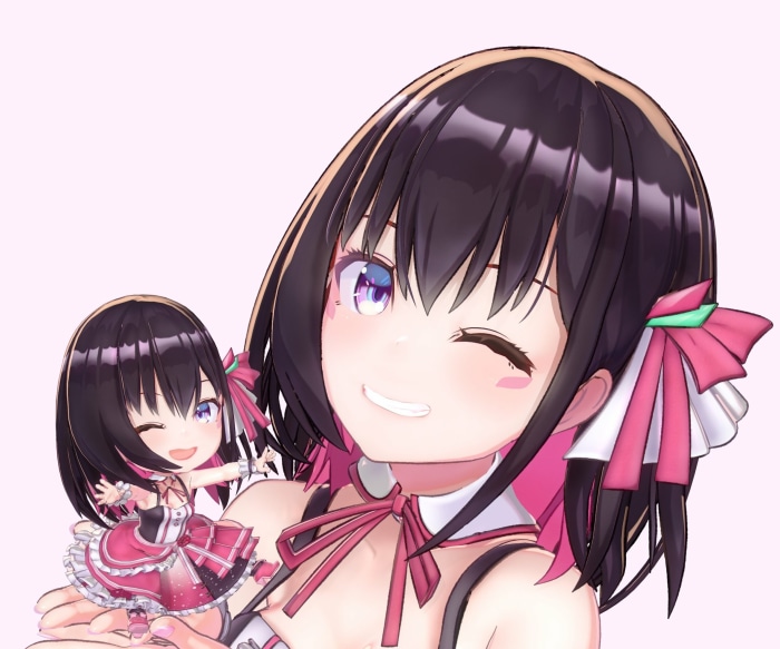 AZKi from Hololive holding a chibi AZKi