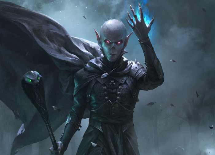 Dark Vampire with Magic Staff and Blue Fire