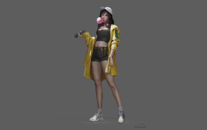 Asian girl with bubble gum and gun