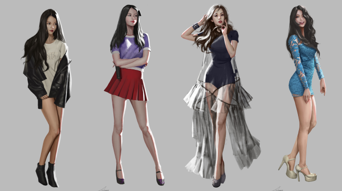 Four women in fashionable outfits