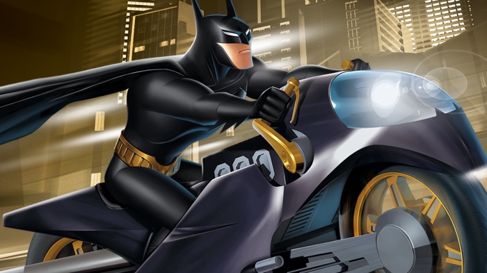 Batman riding a Batcycle in Gotham City