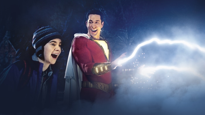 Shazam and Freddy Freeman with lightning