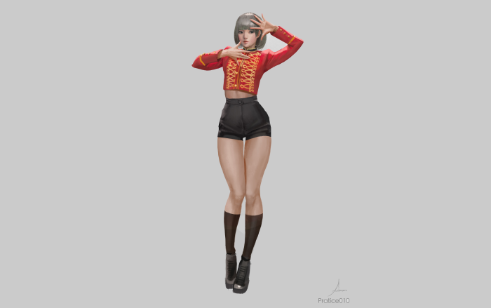 Woman in red military jacket and black shorts