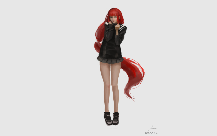 Anime girl with red hair and tail in school uniform 4K