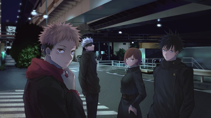 Yuji Itadori, Megumi Fushiguro, Satoru Gojo, and Nobara Kugisaki from Jujutsu Kaisen