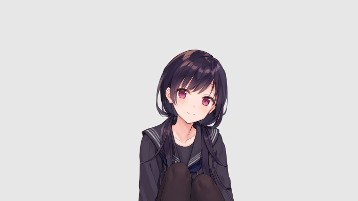 Anime girl with dark hair and purple eyes