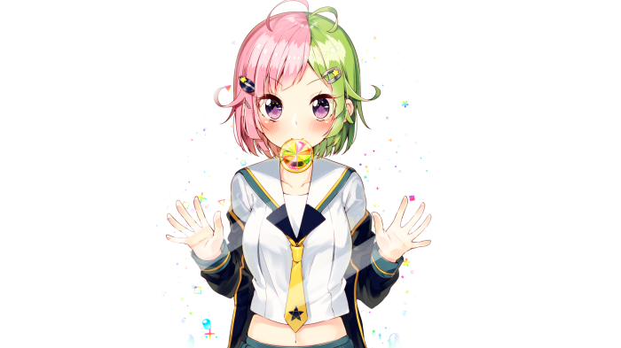 Anime girl with pink and green hair holding a lollipop