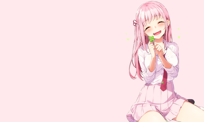 Anime girl with pink hair holding a four-leaf clover