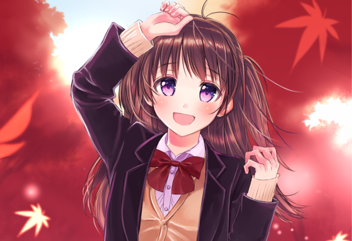 Anime girl with brown hair and purple eyes