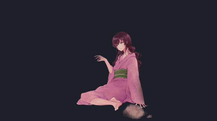 Girl in pink kimono sitting on dark background