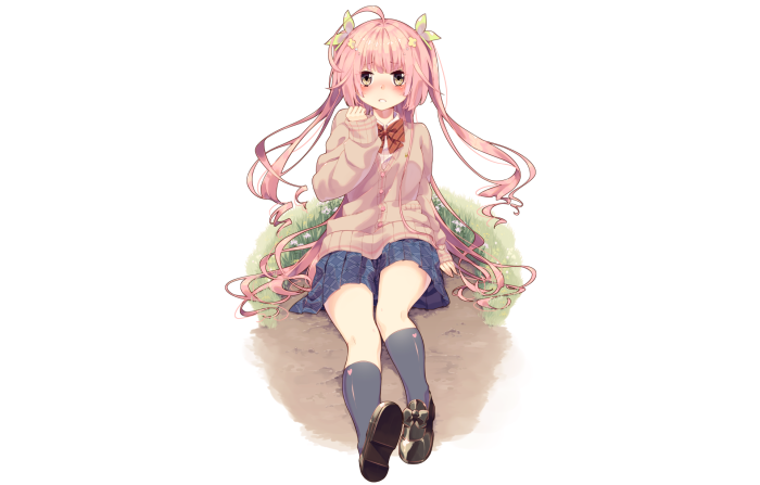 Anime girl with pink hair sitting on the ground
