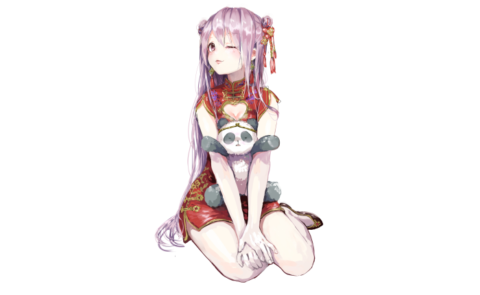 Girl in red dress holding a panda plush