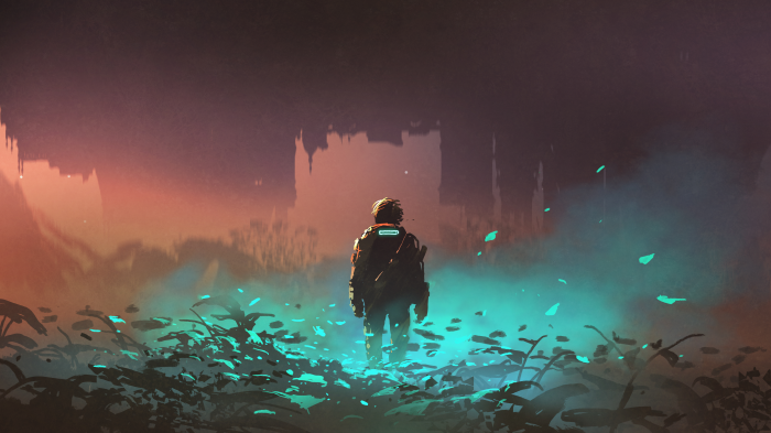 Astronaut in a glowing alien landscape