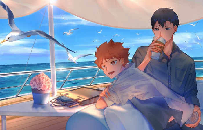 Tobio Kageyama and Shōyō Hinata from Haikyu!! on a boat