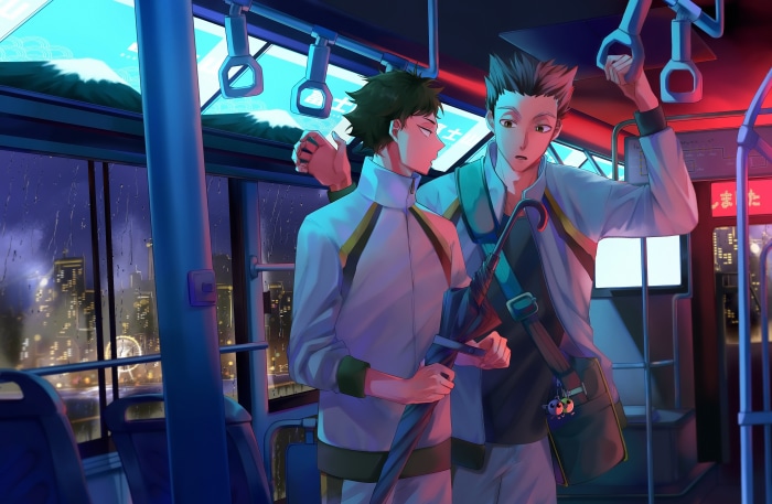 Kōtarō Bokuto and Keiji Akaashi from Haikyu!! on a bus