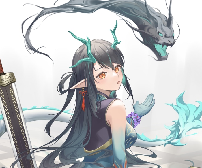 Dusk from Arknights with a dragon