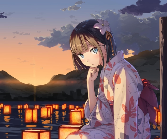 Girl in Kimono with Floating Lanterns at Sunset