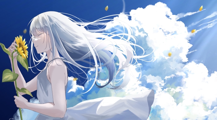 Girl with Sunflower in the Sky