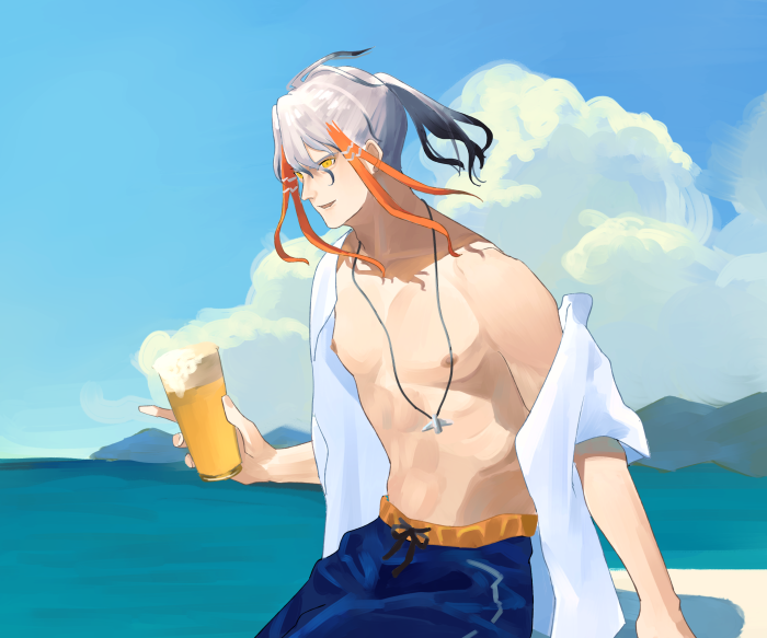 Odysseus from Fate/Grand Order holding a beer
