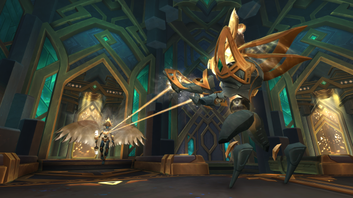 Two robotic figures in a golden and green chamber